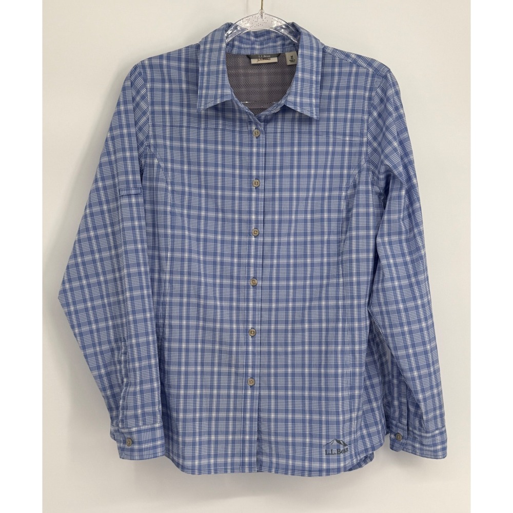 LL‎ Bean Womens Sz M Blue Plaid Technical Hiking Shirt Long Sleeve Vented Mesh